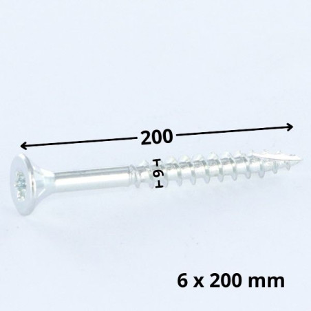 1 x Vis bois TEKOR Tête fraisée Cranté 6X200 Filetée sur 70 TORX T30 Acier zingué Pointe antifendage type 17