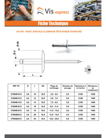 Rivet aveugle tout alu 4.8X20 Epaisseur de serrage 13 à 15 Tête extra large TEL TA