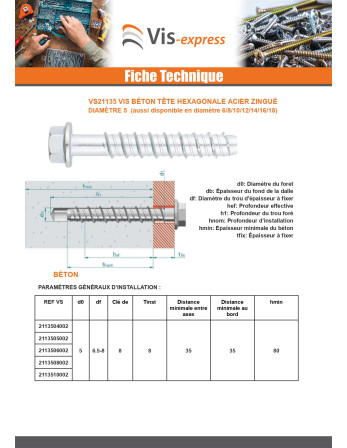 Vis béton Tête hexagonale TH Embase collerette TORX T8 5X40 Acier zingué