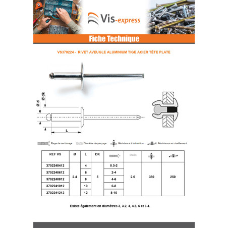 1 x Rivet aveugle Aluminium Tige acier 2.4X4 Epaisseur de serrage 0.5 à 2 Tête Ronde Standard ALX