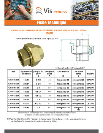 Raccord union droit 20x27 (3/4") Femelle/Femelle Laiton Figure 340