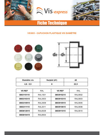 Capuchon Tête hexagonale TH Polyéthylène RAL6028 pour vis autoperceuse ou tole de diam 4.8-5.5