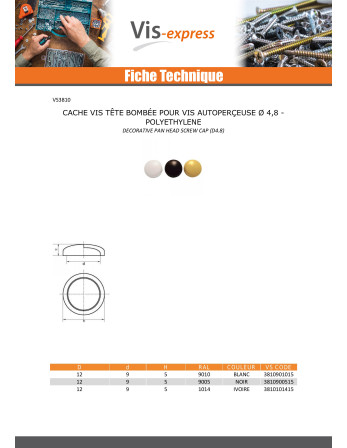 Cache vis Tête cylindrique bombée TCB Vis Diamètre ST4.8 Polyéthylène RAL9010 blanc pur