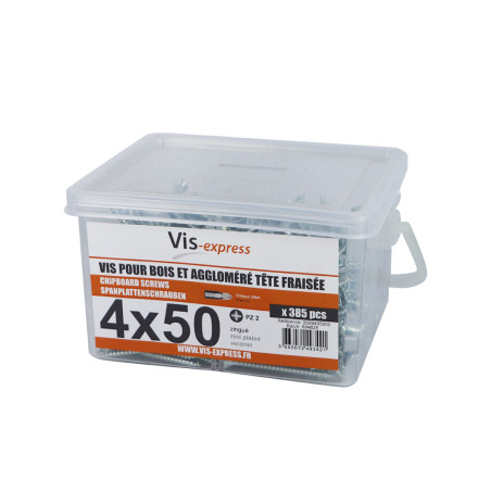 1 x Seau de 385 Vis bois agglo 4X50 Tête fraisée Pozi N°2 Acier zingué