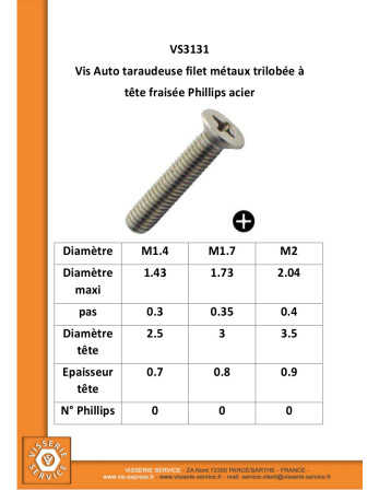Vis autotaraudeuse Filet Métaux Tête fraisée Phillips Acier zingué 1.4X6 microvis