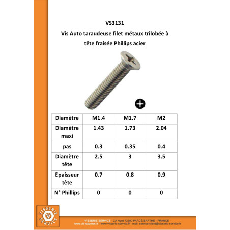 1 x Vis autotaraudeuse Filet Métaux Tête fraisée Phillips Acier zingué 1.4X6 microvis