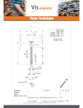 VBA Vis bois agglo Tête fraisée TORX T40 8X100 Filetée sur 60 Acier zingué