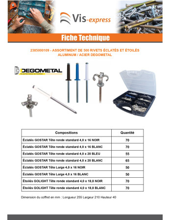 Assortiment de 500 Rivet GOSTAR GOLIGHT Aluminium Tige acier DEGOMETAL