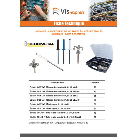 1 x Assortiment de 500 Rivet GOSTAR GOLIGHT Aluminium Tige acier DEGOMETAL