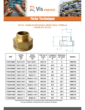 Mamelon hexagonal réduit Figure 246 Mâle/Femelle 33x42 (1"1/4) X 40x49 (1"1/2) Laiton