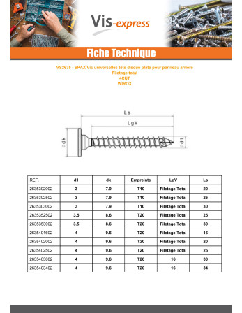 Spax Vis bois Tête plate 4X25 Filetage total TORX T20 4CUT WIROX