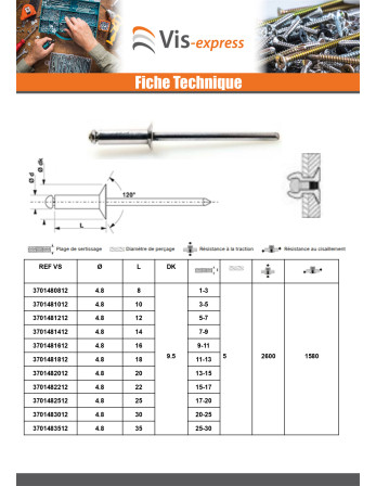 Rivet aveugle Aluminium Tige acier 3.2X6 Epaisseur de serrage 1 à 3 Tête fraisée ALX