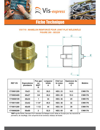 Mamelon joint plat FIG 280 Mâle / Mâle renforcé 26x34 (1") Laiton