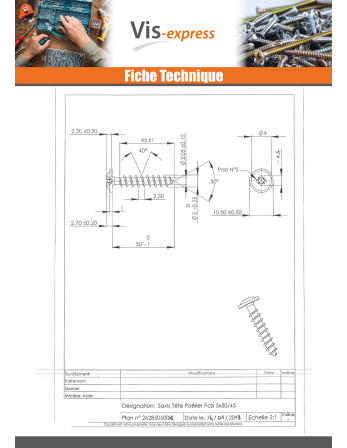 VBA Vis bois agglo Poelier Pozi N°2 5X50 Filetée sur 45 Acier brut