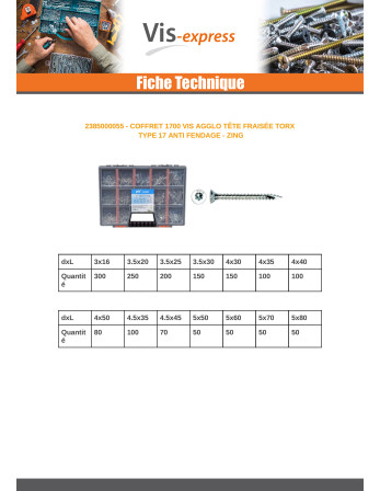 Assortiment de 1700 VBA Vis bois agglo Tête fraisée TORX Pointe antifendage type 17 Acier zingué