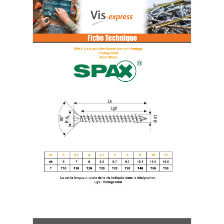 1 x Spax Vis bois Tête fraisée TORX T40 8X200 Filetage total WIROX