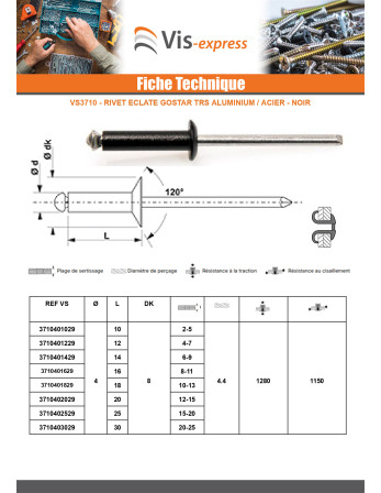 Rivet aveugle éclate GOSTAR Aluminium Tige acier Tête Ronde Standard 4X25 RAL9002 blan gris