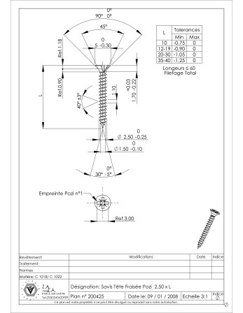 VBA Vis bois agglo Tête fraisée Pozi N°1 2.5X25 Filetage total Acier zingué microvis