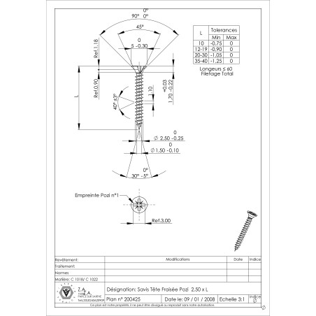 1 x VBA Vis bois agglo Tête fraisée Pozi N°1 2.5X25 Filetage total Acier zingué microvis