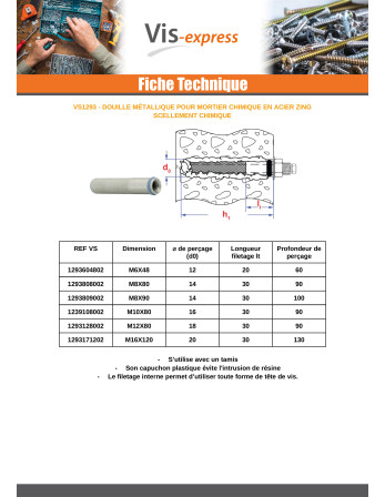 Douille métallique pour mortier chimique M6X48 Acier zingué