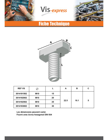 Vis métaux Tête marteau M6X30 pour profilés 28/15 Classe 8.8 avec écrou Acier brut
