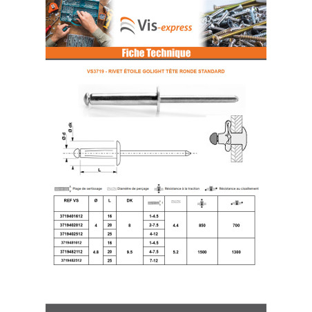 1 x Rivet Aveugle GOLIGHT ALU/ALU TRS 4.8X20
