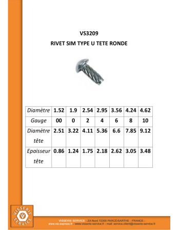Rivet SIM ou fausse vis à frapper Type U Tête ronde TR 3.56X 3/8 Acier nickelé