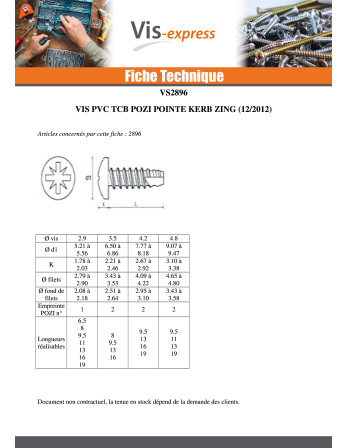 Vis pvc Tête cylindrique bombée TCB Pozi 3.5X 5/8 Pointe antifendage type 17 Acier zingué
