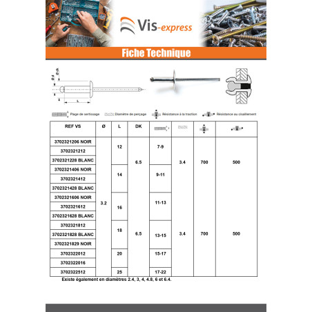 1 x Rivet aveugle Aluminium Tige acier 3.2X10 Epaisseur de serrage 5 à 7 Tête Ronde Standard ALX