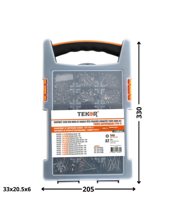 Assortiment de 1200 Vis bois TEKOR Tête fraisée Cranté TORX Inox A2