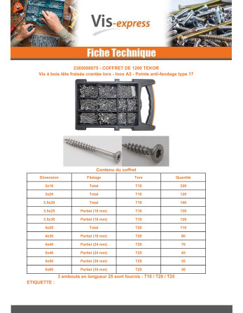 Assortiment de 1200 Vis bois TEKOR Tête fraisée Cranté TORX Inox A2