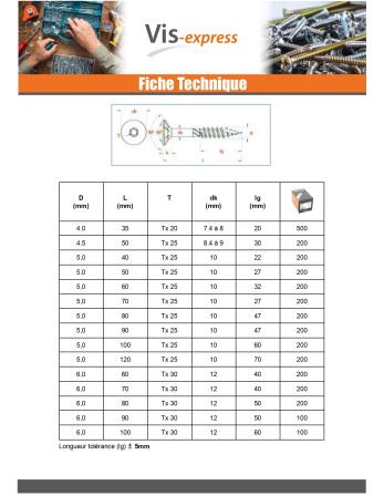 Vis charpente TEKOR Tête fraisée Cranté TORX T20 4X35 Filetée sur 30 Pointe antifendage type 17 ZN