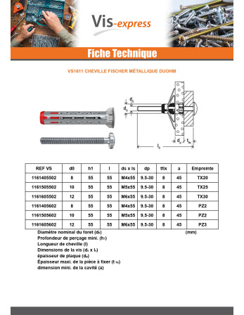 Cheville Métallique Fischer DUOHM 4X55 Pozi