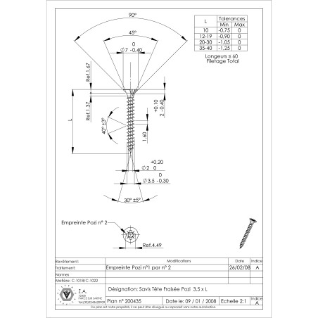 1 x VBA Vis bois agglo Tête fraisée Pozi N°2 3.5X20 Filetage total Acier zingué noir
