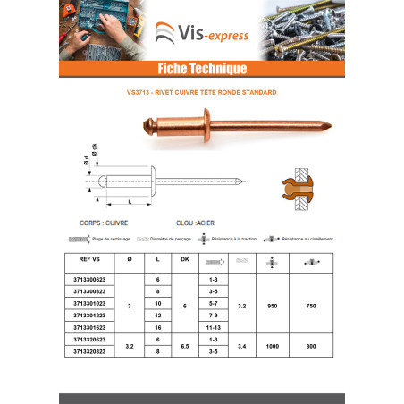 1 x Rivet Tête Ronde Standard cuivre tige acier 3X8 Epaisseur de serrage 3 à 5