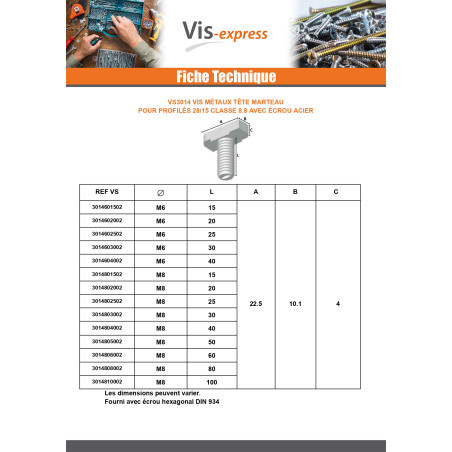 1 x Vis métaux Tête marteau M6X25 pour profilés 28/15 Classe 8.8 avec écrou Acier brut