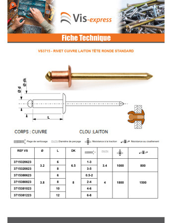 Rivet TRS cuivre tige laiton 3.8X6