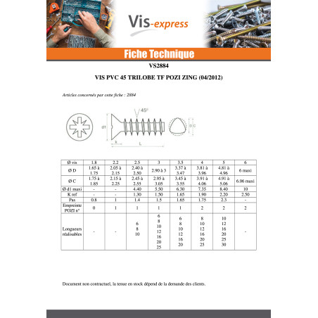 1 x Vis pvc TRILOBE Tête fraisée Pozi 2.5X10 FILET45 Acier zingué microvis