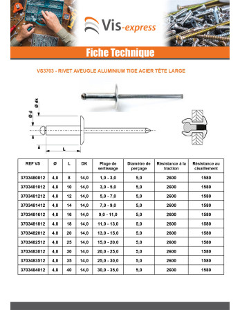Rivet aveugle Aluminium Tige acier 3.2X14 Tête large ALX