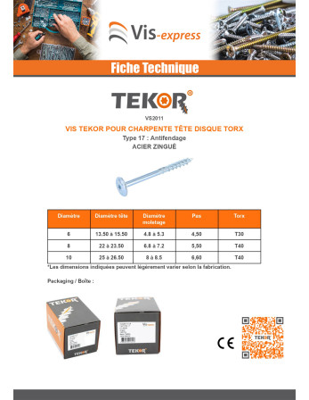 Vis bois TEKOR Tête disque TORX T30 Pointe antifendage type 17 6X260 Filetage partiel Acier zingué