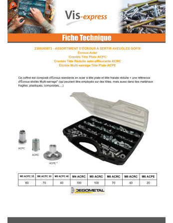 Assortiment de 500 Ecrou A sertir Acier DEGOMETAL