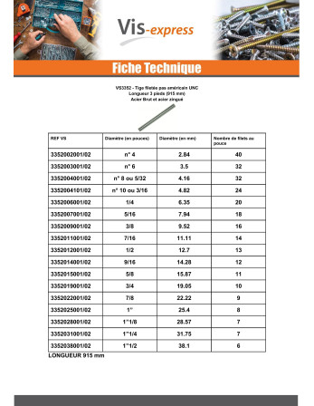 Tige filetée 9/16 Longueur 3 pieds 90 cm UNC Acier zingué