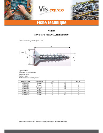 VBA Vis bois agglo Tête fraisée bombée TFB Fendue 3.5X16 Acier zingué