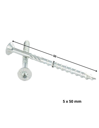 Vis charpente TEKOR Tête fraisée Cranté TORX T25 5X50 Filetée sur 27 Pointe antifendage type 17 Acier zingué