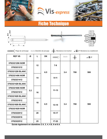 Rivet aveugle Aluminium Tige acier 3.2X12 Epaisseur de serrage 7 à 9 Tête Ronde Standard Blanc