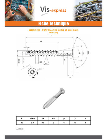 Vis d'assemblage confirmat Tête fraisée Hexagonal creux 6.3X50 Filet tôle SS Cranté Acier zingué