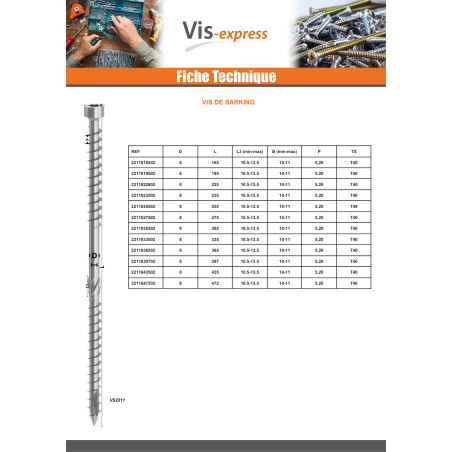 1 x Vis de sarking Tête cylindrique TC double filetage TORX T40 8X225 Acier zingué