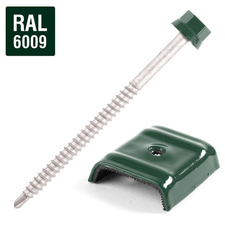 1 x Vis autoperceuse avec cavalier pour toiture 2 pièces Type E1 RAL6009 vert sapin 6.3X100