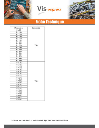 VBA Vis bois agglo Tête disque TORX T40 10X240 Acier zingué