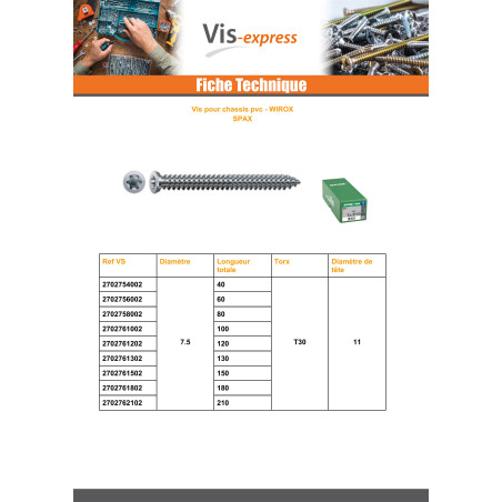 1 x Spax Vis Pour CHASSIS PVC 7.5X100 TORX T30 WIROX